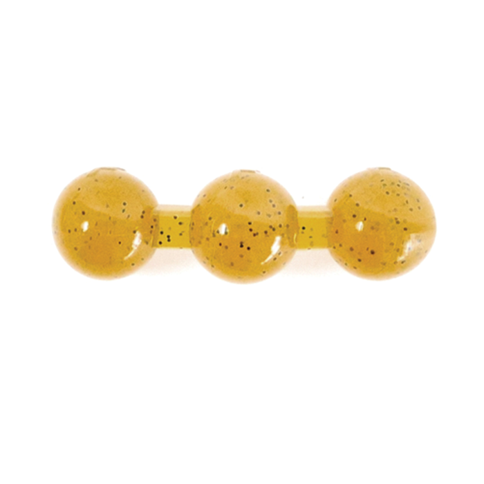 Grayz G-Ball fishing tackle featuring three connected translucent yellow spheres with black speckles, designed for musky and ice fishing applications.