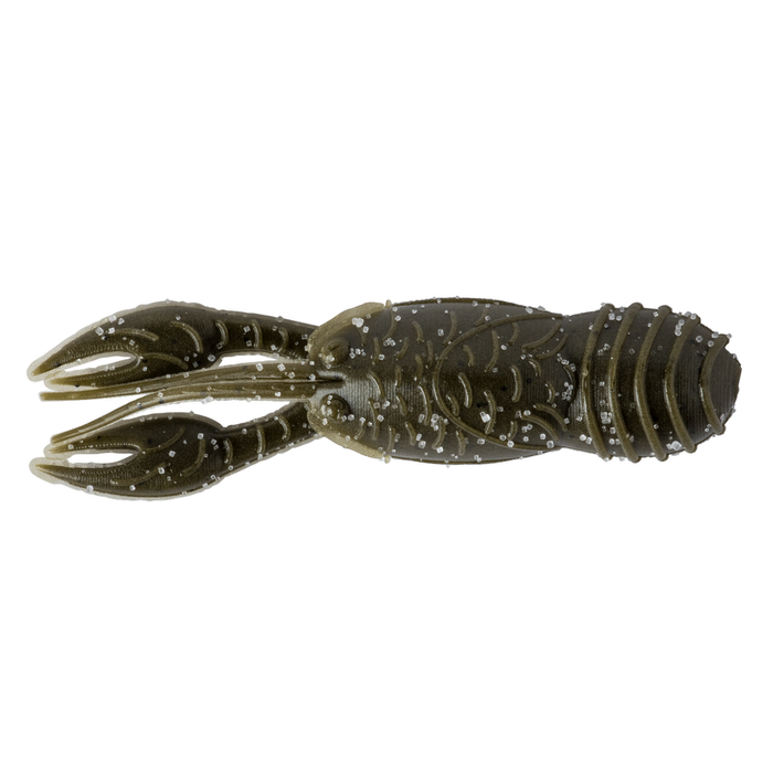 Great Lakes Finesse Juvy Craw fishing lure in dark olive green with realistic segmented body, pincers, and silver glitter specks for musky and freshwater fishing tackle.