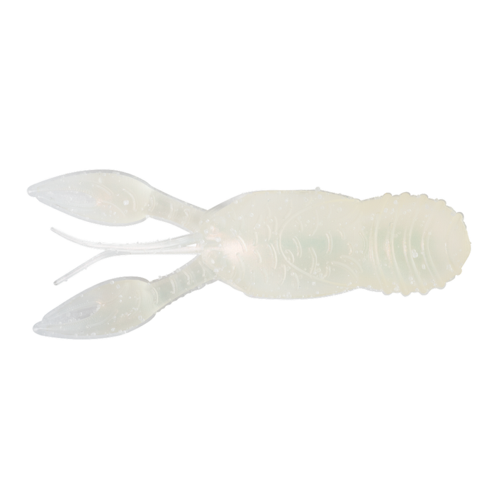 Soft translucent fishing lure shaped like a crawfish with two claws and segmented tail, designed as the Great Lakes Finesse Juvy Craw for fishing tackle.