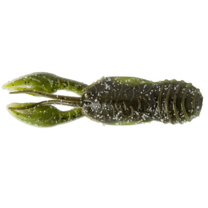 Great Lakes Finesse Juvy Craw artificial fishing lure designed to mimic a crawfish with green and dark tones and white speckles for enhanced underwater attraction.