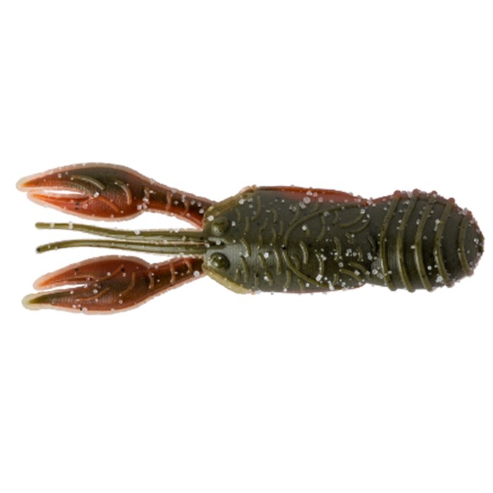 Soft plastic fishing lure shaped like a small crawfish with detailed claws and antennae, designed to attract fish, labeled Great Lakes Finesse Juvy Craw.