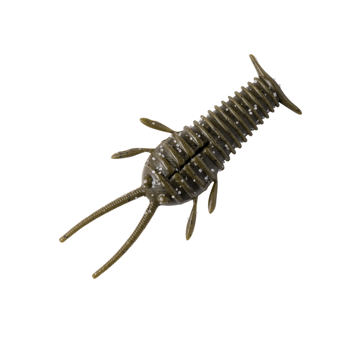 Great Lakes Finesse Ned Bug fishing lure in olive green with segmented ribbed body and multiple appendages designed for lifelike movement in the water.