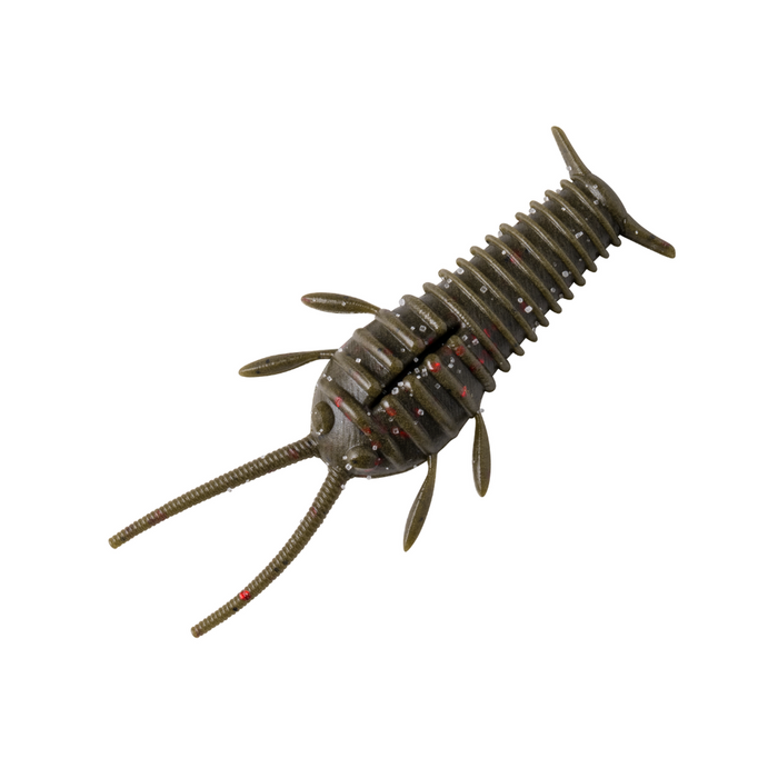 Great Lakes Finesse Ned Bug soft fishing lure in dark green with red flecks, ribbed body, multiple appendages, designed for finesse fishing tackle.
