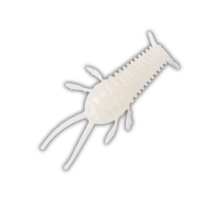 Great Lakes Finesse Ned Bug fishing lure in translucent white with ribbed body, antennae, and leg-like appendages designed for natural movement in fishing tackle.