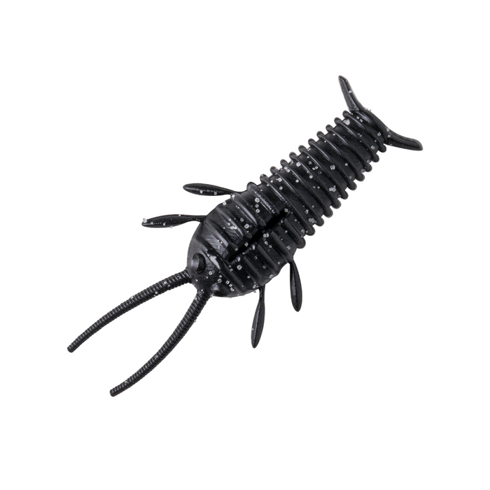 Great Lakes Finesse Ned Bug fishing lure in black with segmented ribbed body, multiple small fins, and two long antennae, designed for attracting fish in freshwater fishing tackle.