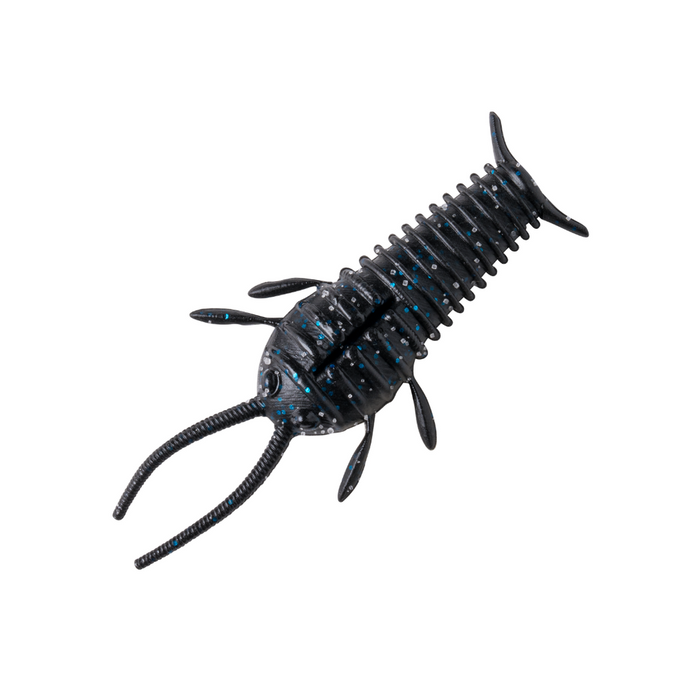 Great Lakes Finesse Ned Bug fishing lure in black with blue speckles featuring segmented body and multiple appendages designed to mimic aquatic insect for fishing tackle.