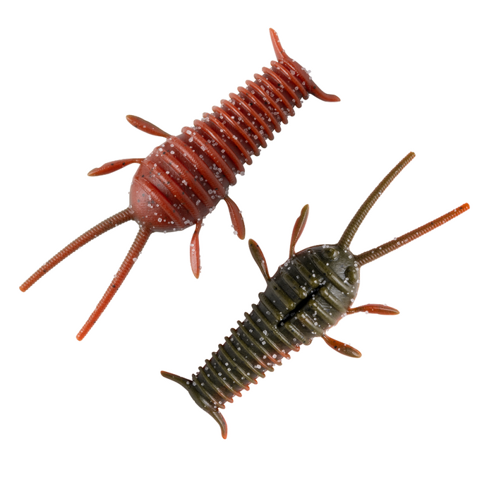 Two soft plastic fishing lures shaped like small insects with segmented bodies, multiple legs, and antennae, labeled Great Lakes Finesse Ned Bug in reddish-brown and dark green colors.