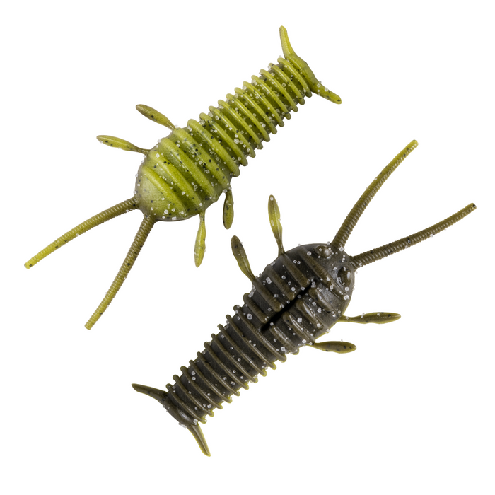 Two soft plastic fishing lures in green and dark olive colors with ribbed segmented bodies and multiple flexible appendages, labeled as Great Lakes Finesse Ned Bug.