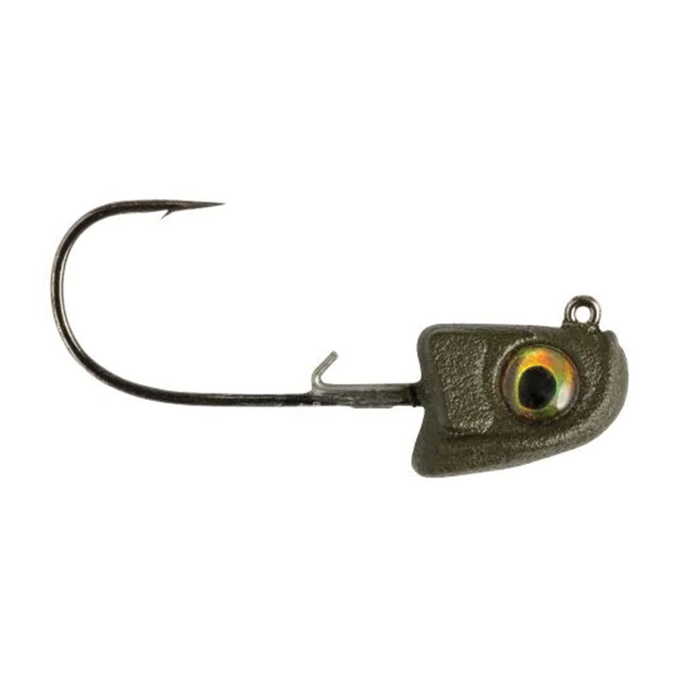 Great Lakes Finesse Sneaky Swimbait Head Jig fishing lure with a detailed olive green jig head featuring a realistic eye and sharp black hook, designed for finesse fishing.
