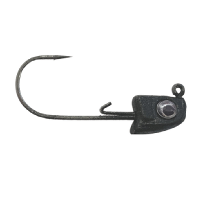 Great Lakes Finesse Sneaky Swimbait Head Jig featuring a black weighted head with a molded eye detail and a sharp single hook designed for fishing tackle use.