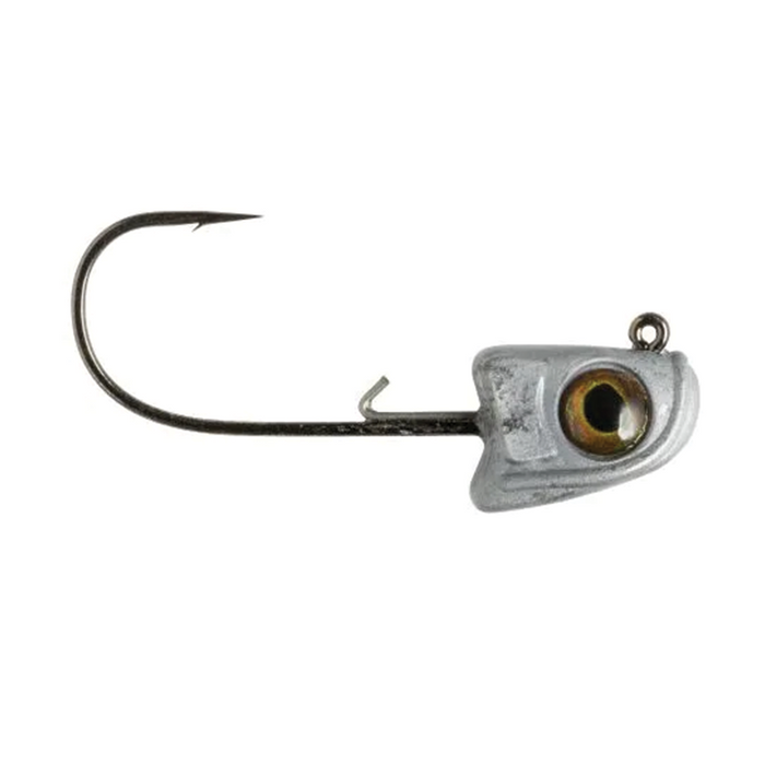 Great Lakes Finesse Sneaky Swimbait Head Jig featuring a detailed silver fish head with lifelike eye, sharp fishing hook, and weed guard designed for precision fishing tackle.