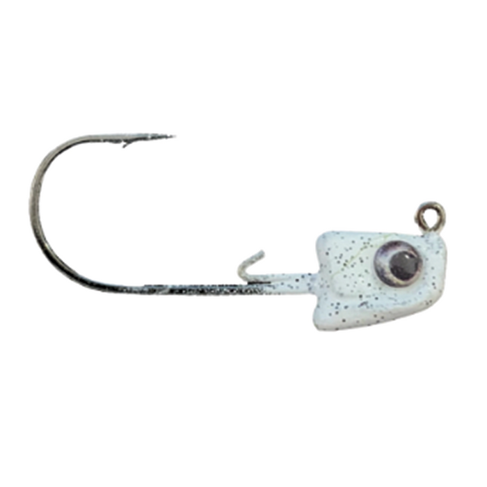 Great Lakes Finesse Sneaky Swimbait Head Jig with a speckled white jig head featuring a realistic eye and a sharp black hook designed for fishing tackle.