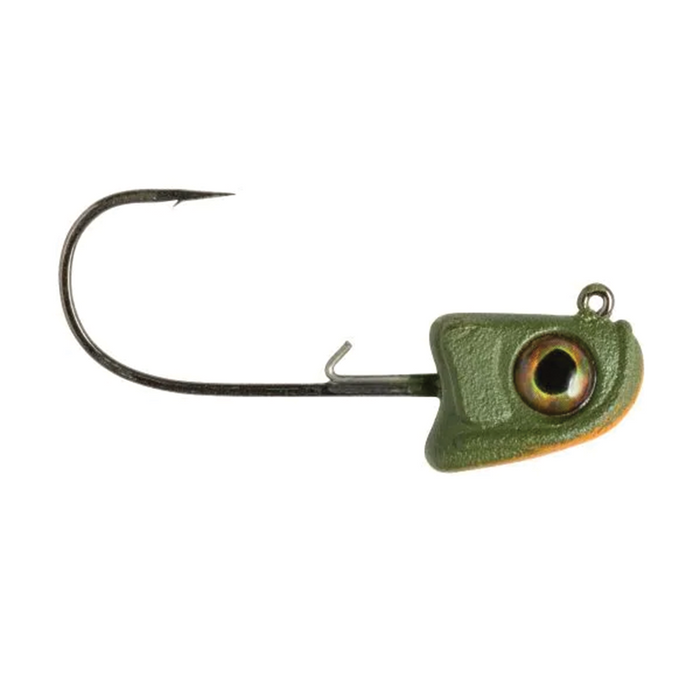 Great Lakes Finesse Sneaky Swimbait Head Jig in olive green with realistic eye detail, featuring a sharp fishing hook designed for precision fishing tackle use.