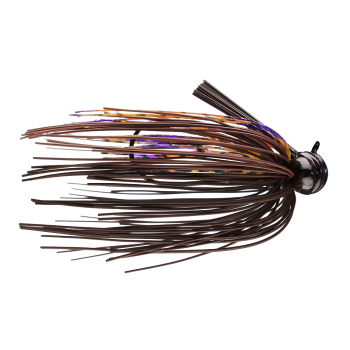 Greenfish Tackle Crawball Living Rubber Football Jig featuring a detailed brown and purple skirt with a weighted football-shaped head for fishing tackle use.