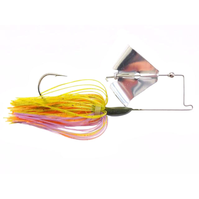 Greenfish Tackle HammerHead Buzzbait fishing lure with a colorful yellow and pink skirt, sharp hook, and reflective silver spinner blade designed for musky fishing tackle.
