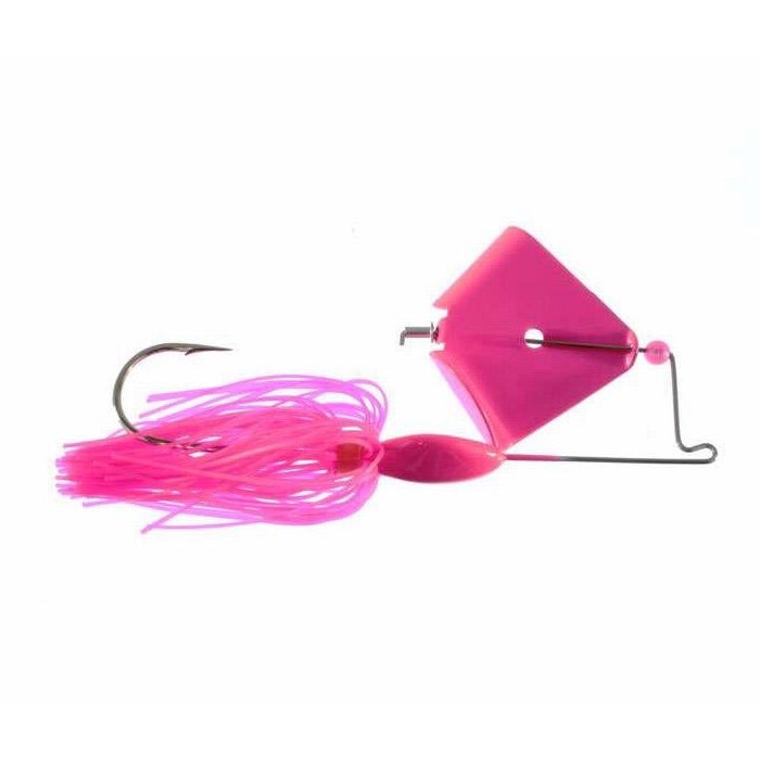 Greenfish Tackle HammerHead Buzzbait in bright pink with a metal spinner blade, rubber skirt, and single fishing hook designed for freshwater fishing tackle.