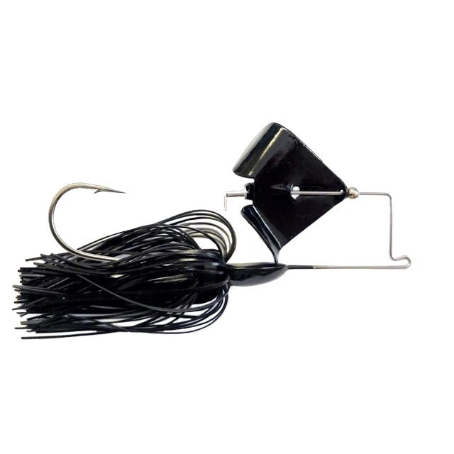 Greenfish Tackle HammerHead Buzzbait featuring a black skirt and sharp single hook designed for effective fishing tackle use in musky and other freshwater fishing.