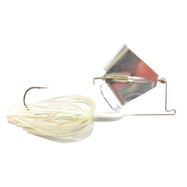 Greenfish Tackle HammerHead Buzzbait featuring a white skirted lure with a sharp hook and a reflective, silver angled blade designed for fishing tackle and lure enthusiasts.