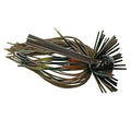Greenfish Tackle Itty-Bitty HD LR Finesse Jig showing a brown and green camo skirted fishing lure designed for precision freshwater fishing tackle use.