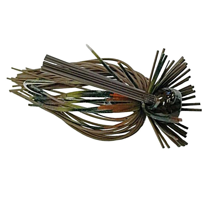 Greenfish Tackle Itty-Bitty HD LR Finesse Jig showing a brown and green camo skirted fishing lure designed for precision freshwater fishing tackle use.