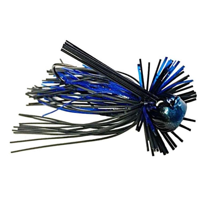 Greenfish Tackle Itty-Bitty Living Rubber Finesse Jig in black and blue with a weighted head and multiple rubber strands designed for fishing tackle and finesse lure applications.