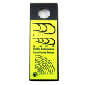 Rectangular black and yellow Griffin Hook/Hackle Gauge with printed diagrams for measuring fishing hooks and hackle sizes, featuring numbered size indicators and a circular hole at the top for hanging.