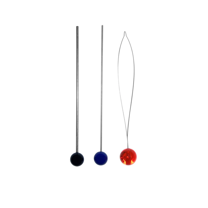 Three metal tools including two straight pins with black and blue round heads and one wire loop with a red round handle, used for the Griffin Threader/Cleaner fishing tackle accessory.
