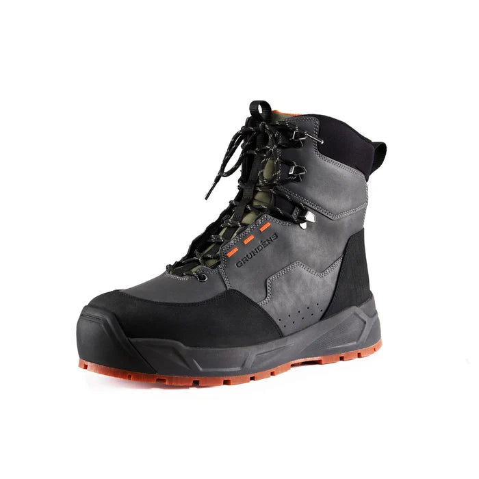 Grundens Bedrock Wading Boot-Rubber Sole in gray and black with orange accents, featuring lace-up closure and durable rubber sole designed for fishing and outdoor use.