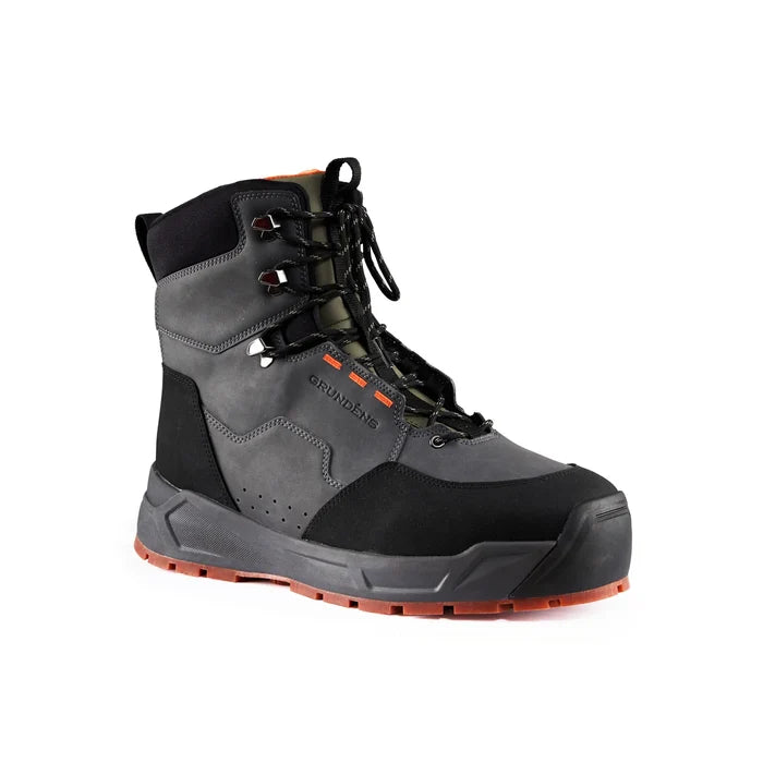 Grundens Bedrock Wading Boot-Rubber Sole in gray and black with orange accents, featuring sturdy laces, padded ankle support, durable construction, and slip-resistant rubber sole.