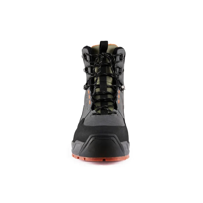 Grundens Bedrock Wading Boot-Rubber Sole shown from the front, featuring durable black and gray waterproof material with reinforced toe, secure lacing system, and orange rubber outsole for traction.