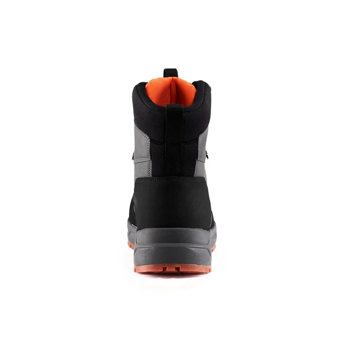 Grundens Bedrock Wading Boot-Rubber Sole shown from the back, featuring a high ankle design with black and gray waterproof material and bright orange interior lining.