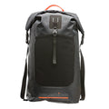 Grundens Bootlegger Roll Top Backpack 30L in dark gray with roll-top closure, front mesh pocket, adjustable shoulder straps, and durable waterproof material for fishing tackle and gear.