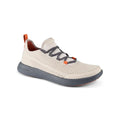 Grundens CrossCurrent Boat Shoe in light beige with breathable mesh upper, gray laces, orange heel tab, and dark gray sole designed for comfort and durability on fishing boats.