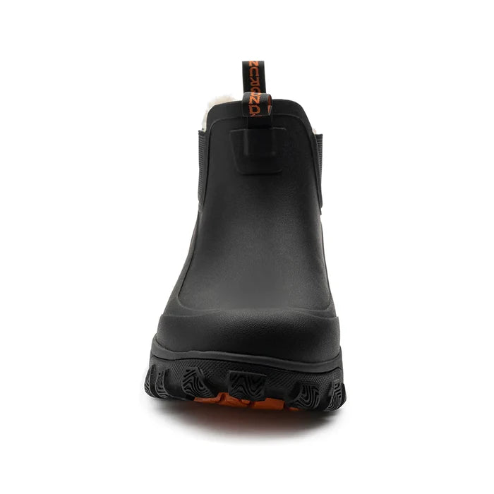 Grundens Deviation Sherpa Ankle Boot in black with a rugged sole, ankle-high waterproof design, and fleece lining for warmth and comfort in cold weather conditions.