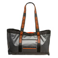 Gray and black Grundens Gear Hauler Tote Bag 50L with orange logo and lettering on sturdy long shoulder straps, designed for durable fishing tackle storage and transport.