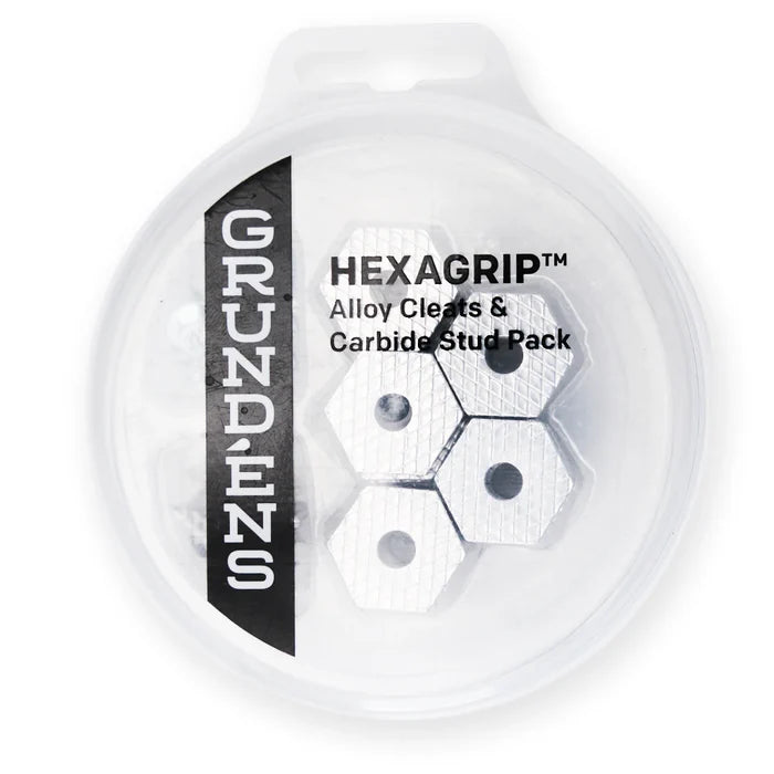 Grundens Hexagrip Cleat and Stud Pack featuring silver alloy hexagonal cleats and carbide studs in a clear round plastic container with black and white branding.