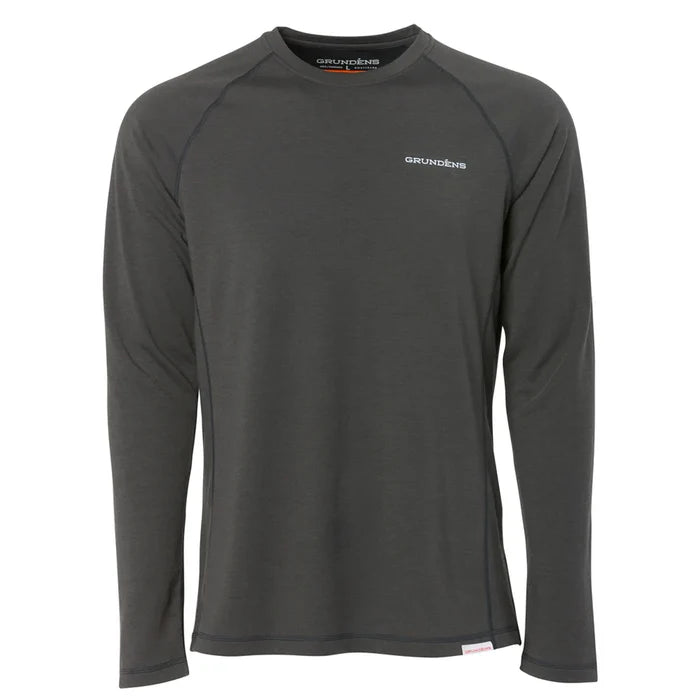 Grundens Light Crew Top in dark gray with long sleeves, crew neckline, and lightweight fabric designed for comfortable fishing and outdoor activities.