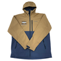 Grundens Thorne Bros. Logo Bulkhead Jacket in tan and navy blue, featuring a hood, full zip front, zippered pockets, and logos on the chest, designed for fishing and outdoor wear.
