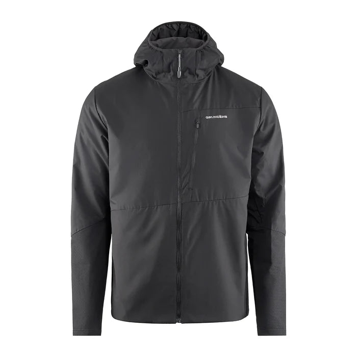 Grundens Turbulence Hybrid Hoodie in black with full front zipper, adjustable hood, chest pocket, and durable fabric designed for fishing and outdoor activities.