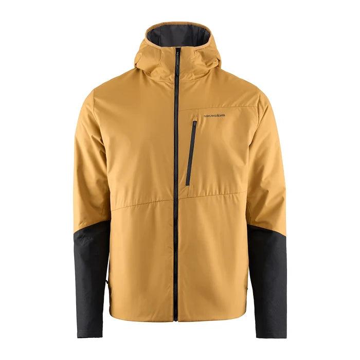 Grundens Turbulence Hybrid Hoodie in tan with black sleeves and hood lining, featuring a front zipper and chest pocket, designed for outdoor fishing and marine activities.