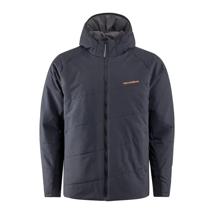 Grundens Turbulence Insulated Hoodie in dark gray with full front zipper, hood, and lightweight insulated design for warmth and comfort during outdoor fishing activities.