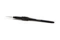 Hareline 3 in 1 Bodkin Half Hitch Brush Tool with a slim black handle, fine needle tip, and circular bristle brush, designed for precision work in fly fishing tackle preparation.