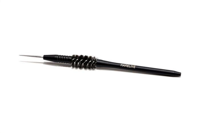 Hareline 3 in 1 Bodkin Half Hitch Brush Tool with a slim black handle, fine needle tip, and circular bristle brush, designed for precision work in fly fishing tackle preparation.