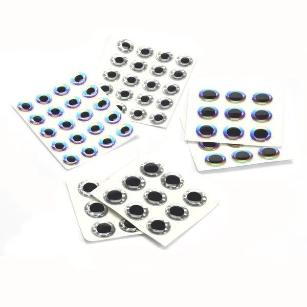 Multiple sets of Hareline 3D Big Fish Eyes in varying sizes and colors, designed to enhance fishing lures and tackle with realistic, reflective detail.