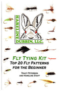 Cover of the Hareline Beginner Fly Tying Book featuring an illustration of a rabbit head and images of various detailed fly fishing lures used in fly tying kits and fishing tackle.