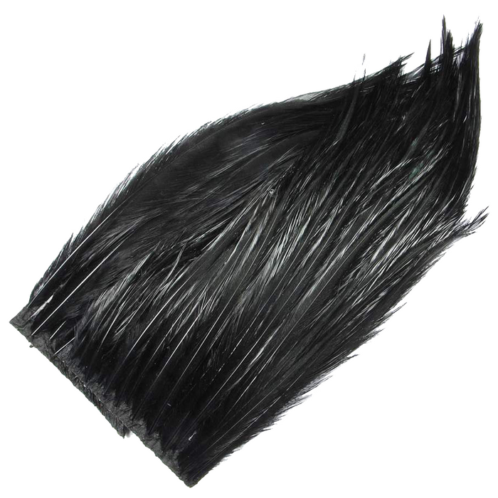Hareline Bugger Hackle Patch showing glossy black feathers used for fly tying and creating fishing lures, ideal for musky and other fishing tackle applications.