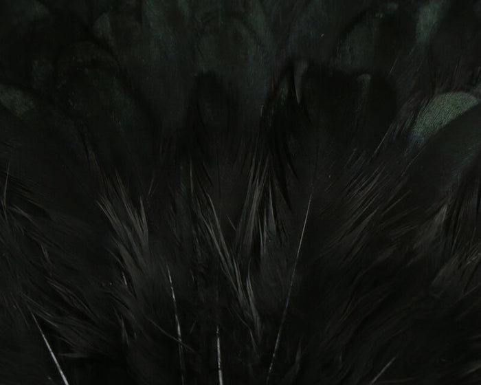 Close-up image of detailed natural black feathers from the Hareline India Hen Back, used in fishing tackle for fly tying and lure making.