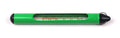 Hareline Stream Thermometer w/Ring with a green casing, clear window displaying temperature scale, and black ring for attachment, designed for fishing tackle use.