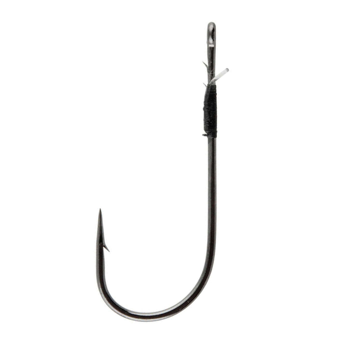Single dark metal fishing hook with a straight shank and barb, identified as Hayabusa FPP Straight Shank Hook, designed for musky fishing tackle.