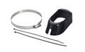HDI Trolling Motor Adapter For Skimmer 000-10978-001 showing a black plastic adapter piece, metal adjustable clamp, and two black zip ties used for securing trolling motor accessories.